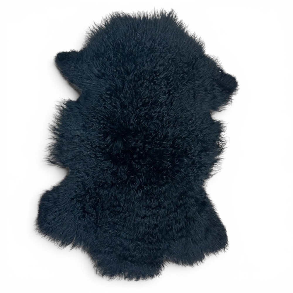 Eight Mood Mongolian Sheepskin Rug Black Curly Long Wool Natural Pelt 46x33